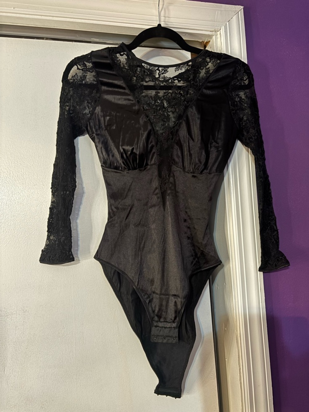 Gorgeous Vintage Selene Black Lace-Trim Long Sleeve Bodysuit - Women's Top